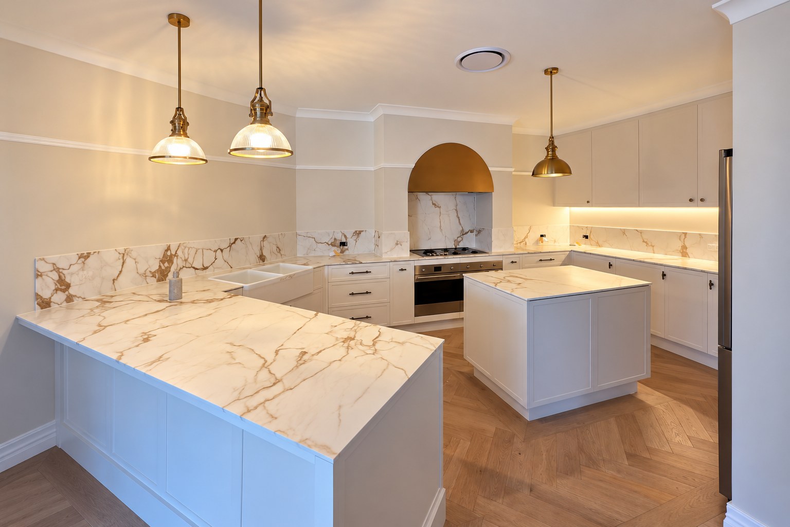 White and gold veined silica-free stone kitchen benchtops with island, fabricated by APD
